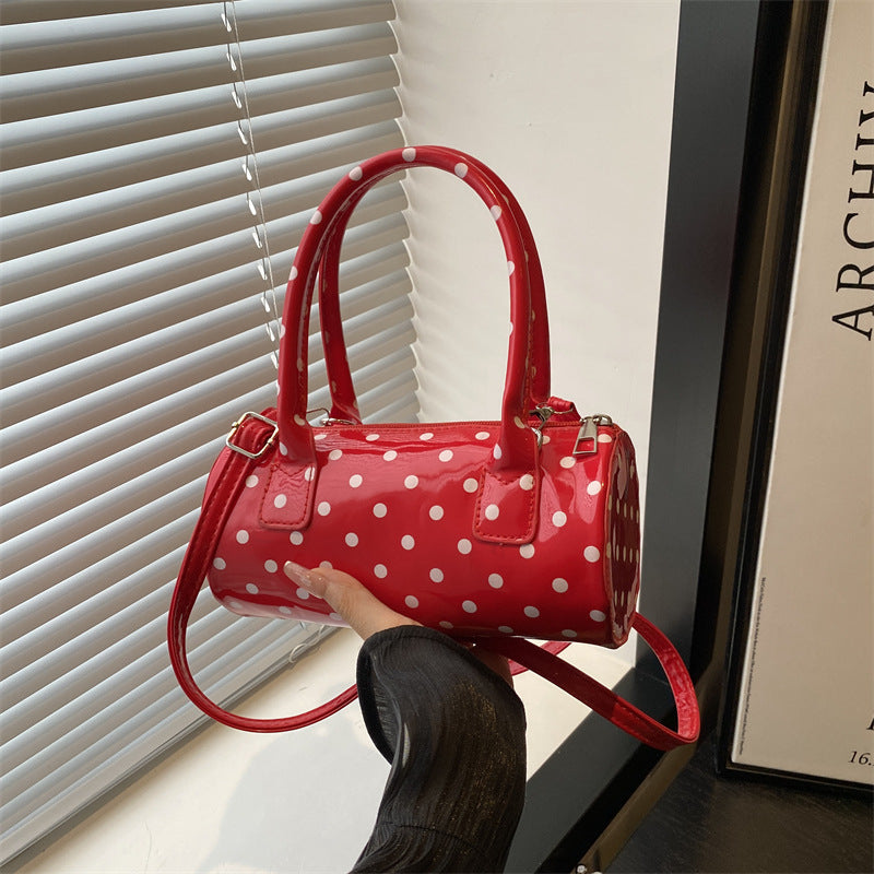 2025 Spring New Fashion Polka Dot Cylinder Handbag Women's Casual Crossbody Bag with Zipper Closure and Stylish Handle