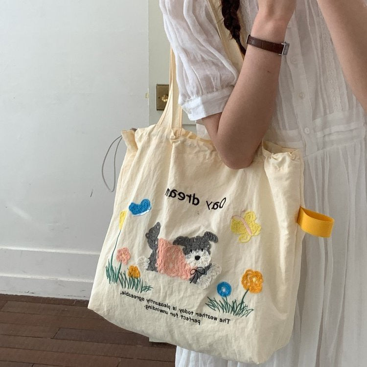 Cute Embroidered Puppy Tote Bag for Women, Large Capacity Shoulder Bag with Drawstring Closure, Perfect for Daily Commute and School
