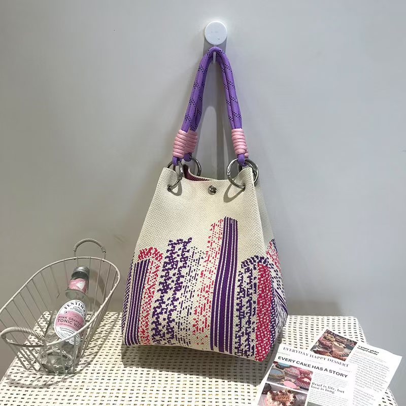 Black and White Rhombus Knitted Tote Bag Women's Casual Versatile Large Capacity Messenger Bag Handbag
