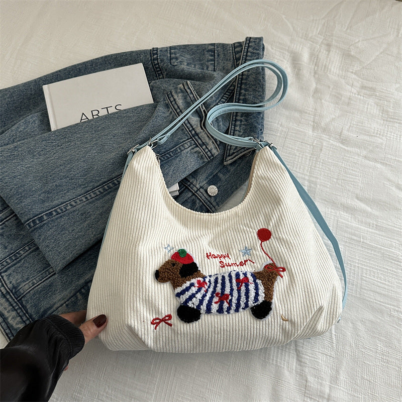 Women's Backpack Sausage Dog New Trendy Korean Large Capacity Corduroy Preppy Style Tote Bag