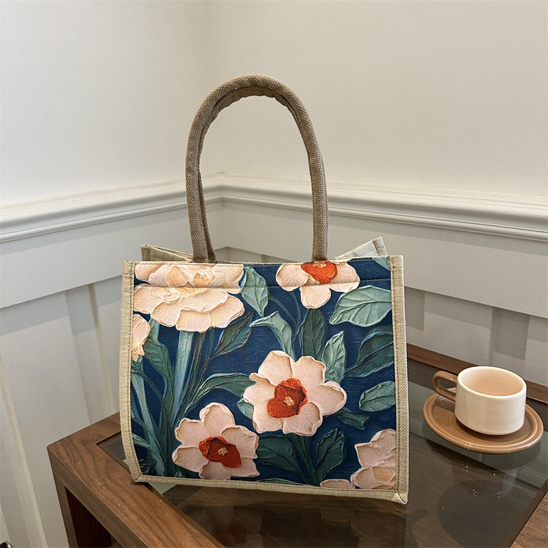 Large Capacity Linen Commuter Bag Women's New Shoulder Ethnic Style Student Handheld Class Portable Tote Bag