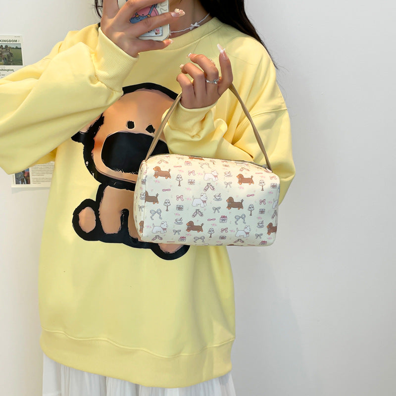 Cute Printed Women's Canvas Handbag Multi-Functional Storage Cosmetic Bag Daily Matching Practical Small Square Bag