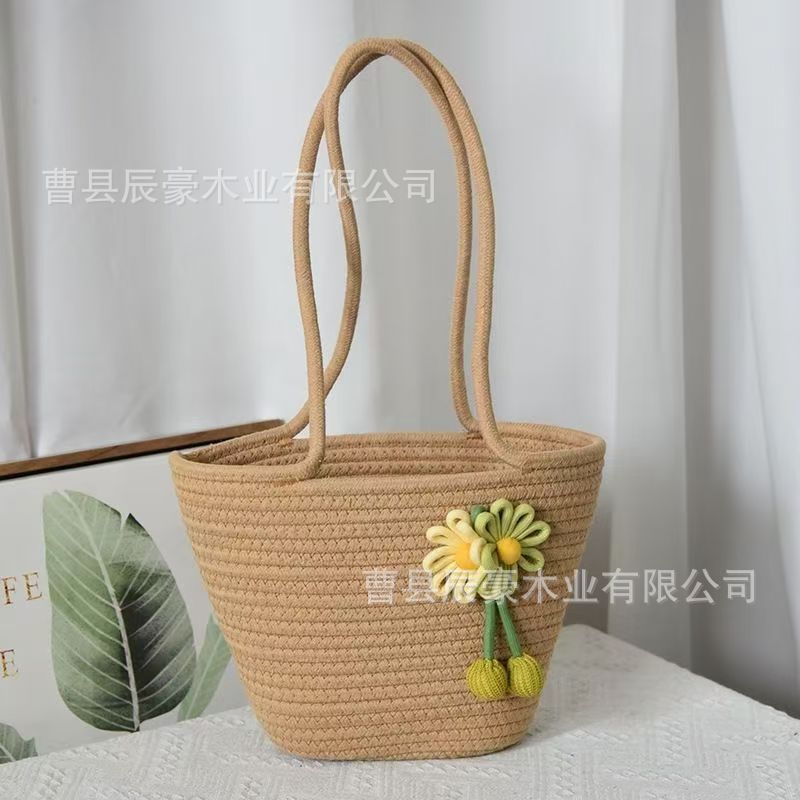 Women's Shoulder Bag Handmade Cotton String Woven Tote Bag Flower Decoration Large Capacity Commuter Travel Beach Handbag