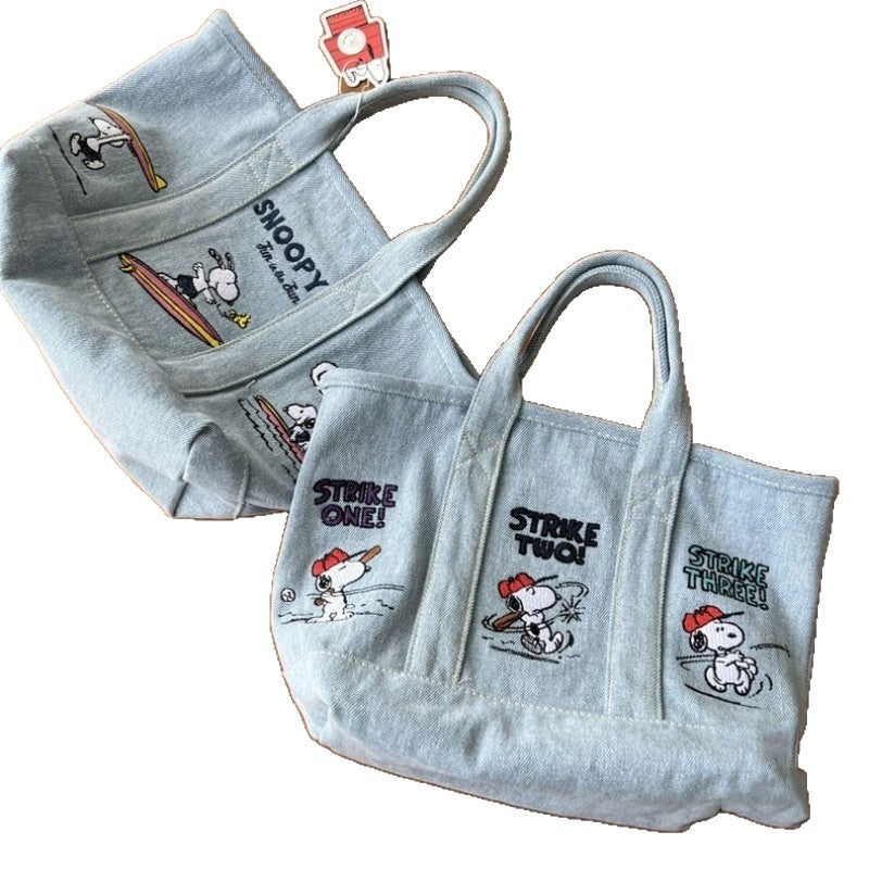 Snoopy Embroidered Denim Tote Bag with Magnetic Closure, Cartoon Design for Daily Use and Casual Outfits