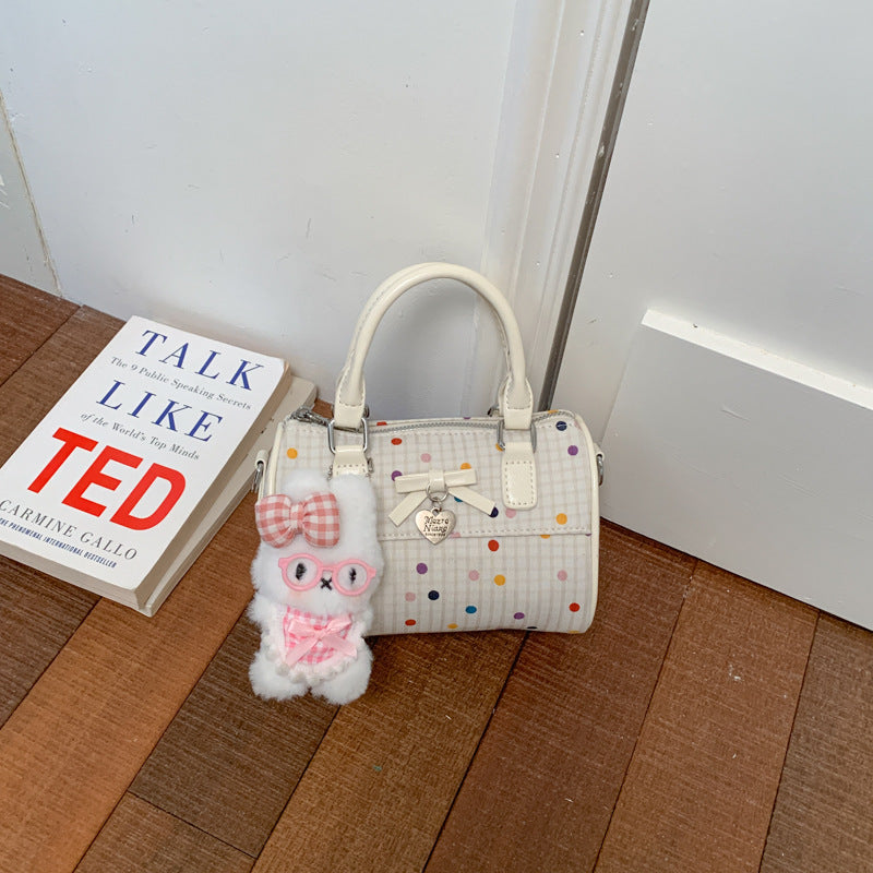 Cute Korean Summer Handbag with Polka Dot Bowknot Design, Soft Cylinder Shape Tote for Daily Use