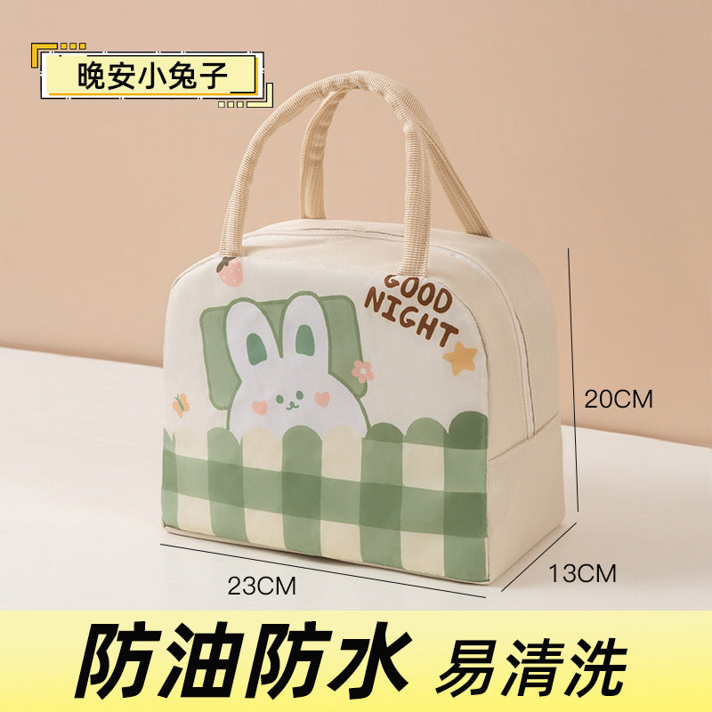 Cute Rabbit Design Insulated Lunch Bag with Good Night Print, Perfect for Office and Outdoor Use
