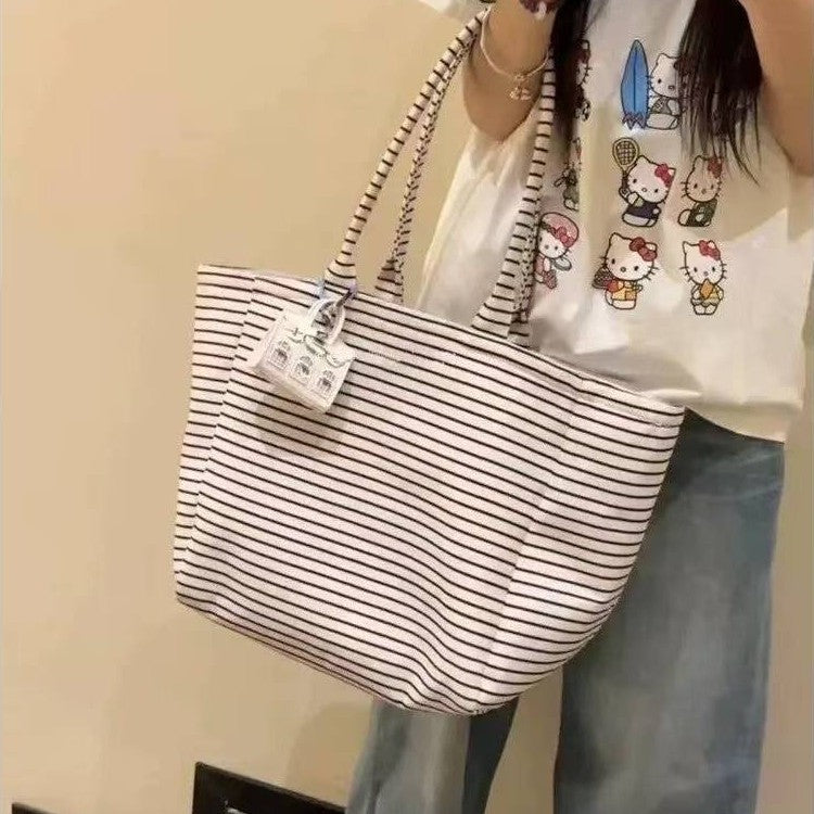2025 New Korean Style Casual Striped Canvas Tote Bag with Large Capacity and Fashionable Design for Daily Use