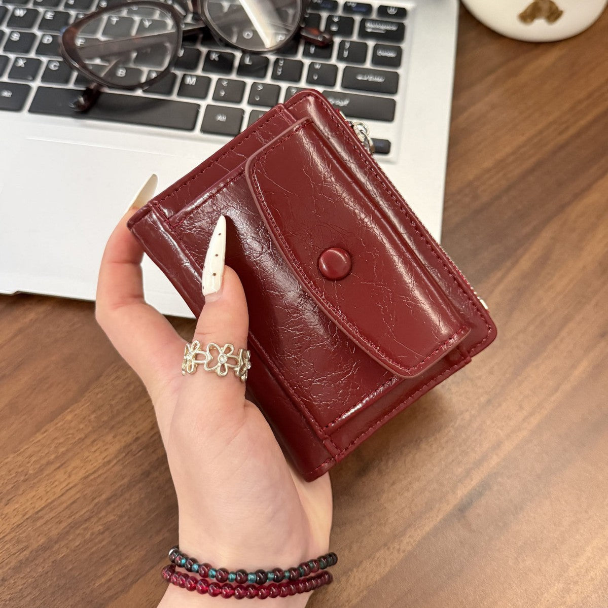 Retro Oil Wax Skin Red Short Wallet Female Multi-Card-Slot Card Holder Student Zipper Multifunctional Wallet