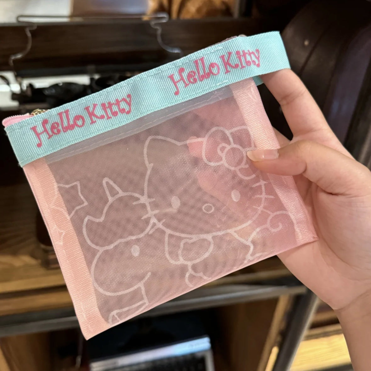 Cute Hello Kitty Mesh Pouch with Transparent Design for Cosmetics and Daily Essentials