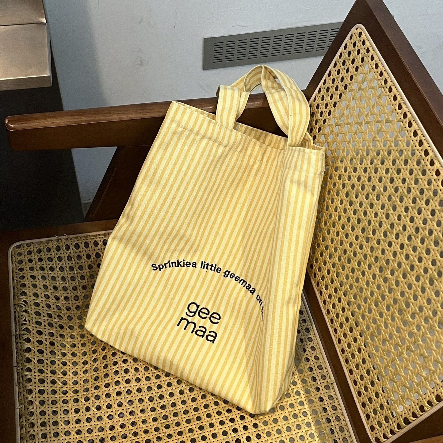 2025 New Striped Canvas Tote Bag with Embroidery Design, Large Capacity Shoulder Bag for Casual Travel and Daily Use