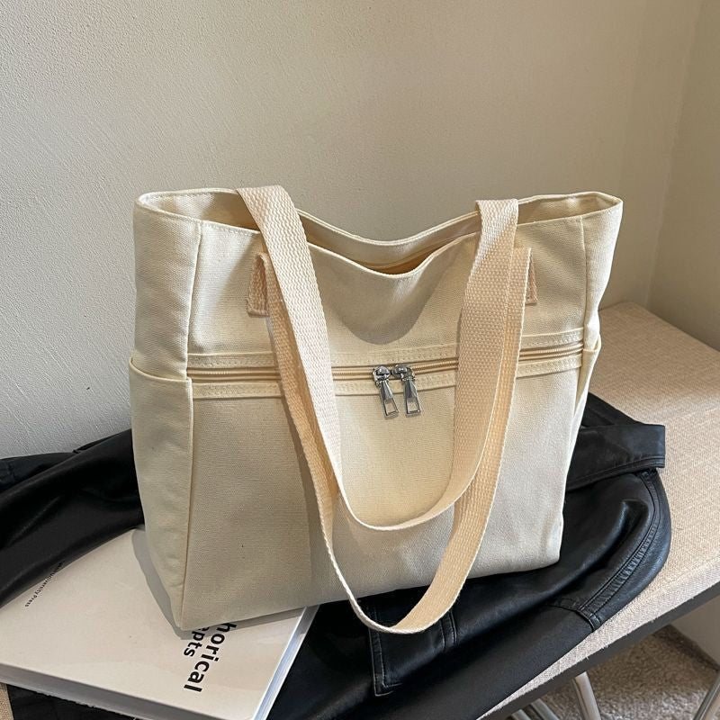 Korean Style Minimalist Canvas Tote Bag with Zipper Closure, Large Capacity Everyday Shoulder Bag for Women