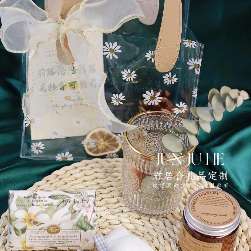 Chic Transparent PVC Tote Bag with Floral Print and Satin Handle for Gift Packaging and Everyday Use