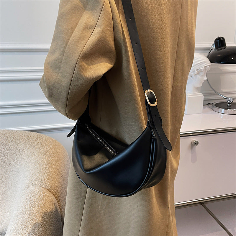 New Trendy Women's Bags Retro Design Soft PU Leather Half-Moon Shoulder Bag Simple Daily Commuter Messenger Bag