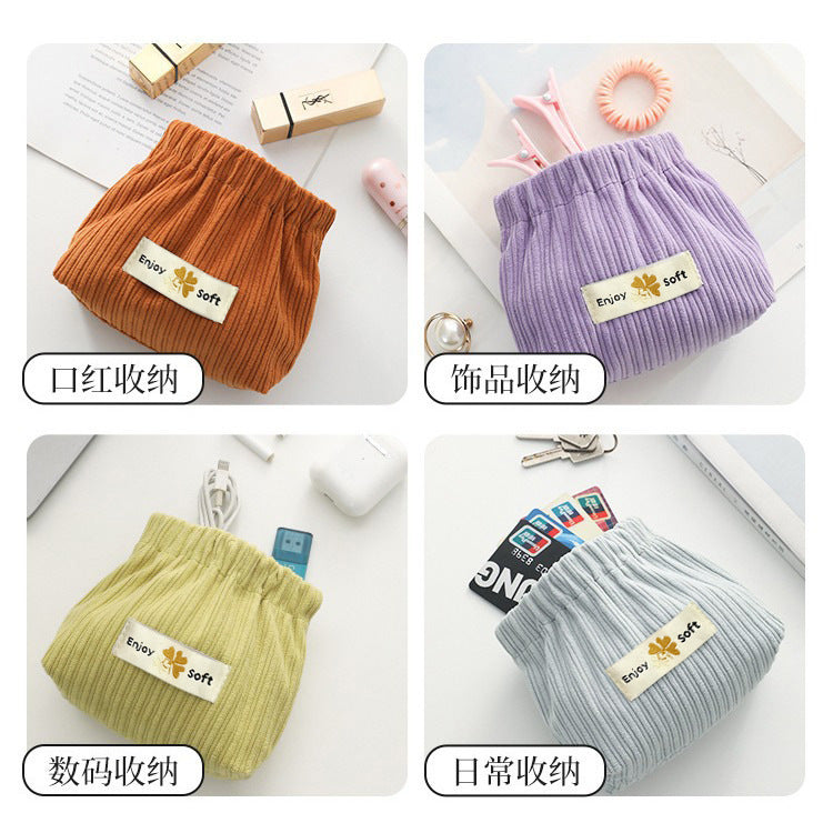 Portable Ribbed Cotton Cosmetic Bag with Elastic Opening for Travel and Daily Use