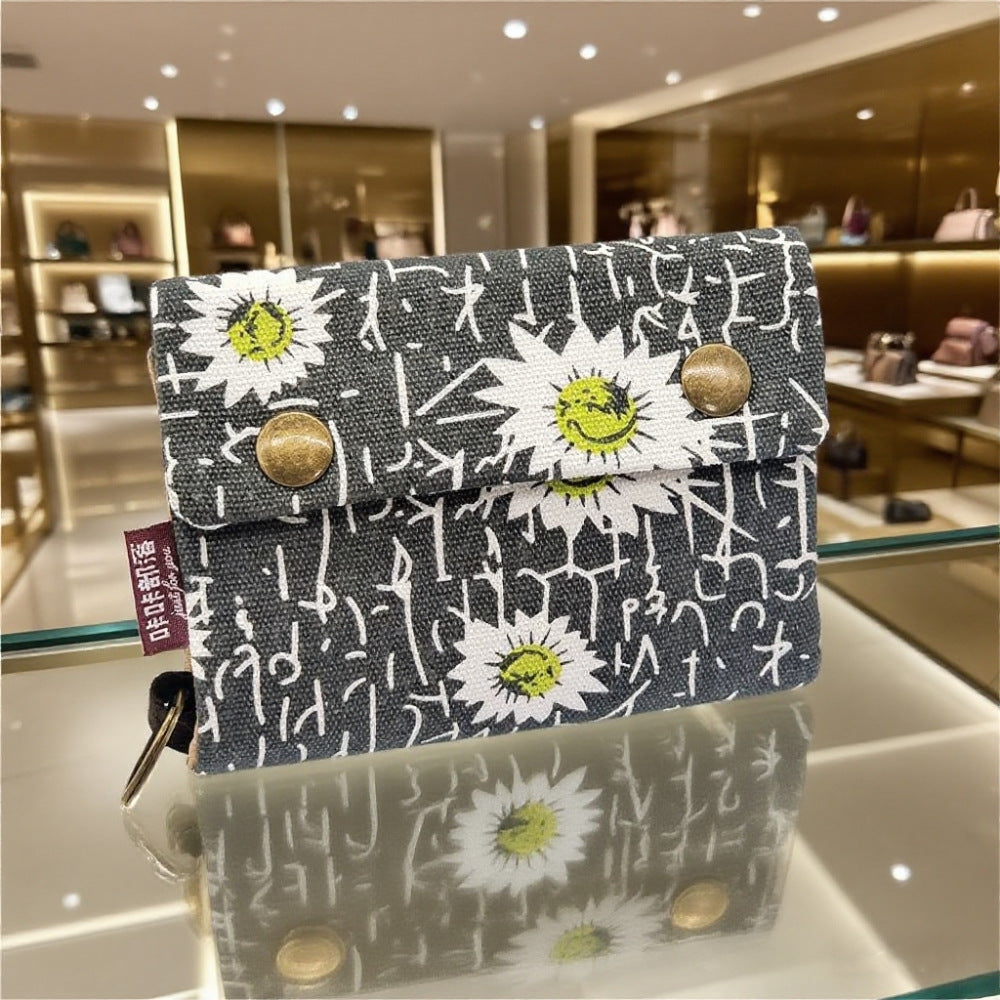 Creative Cartoon Printing Tri-Fold Denim Canvas Wallet Simple Canvas Card Holder Key Case for Both Men and Women