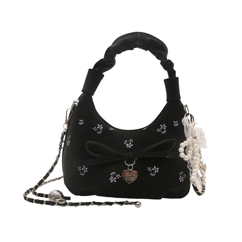 Korean Fashion Pleated Floral Print Crossbody Bag with Pearl Heart Charm for Women
