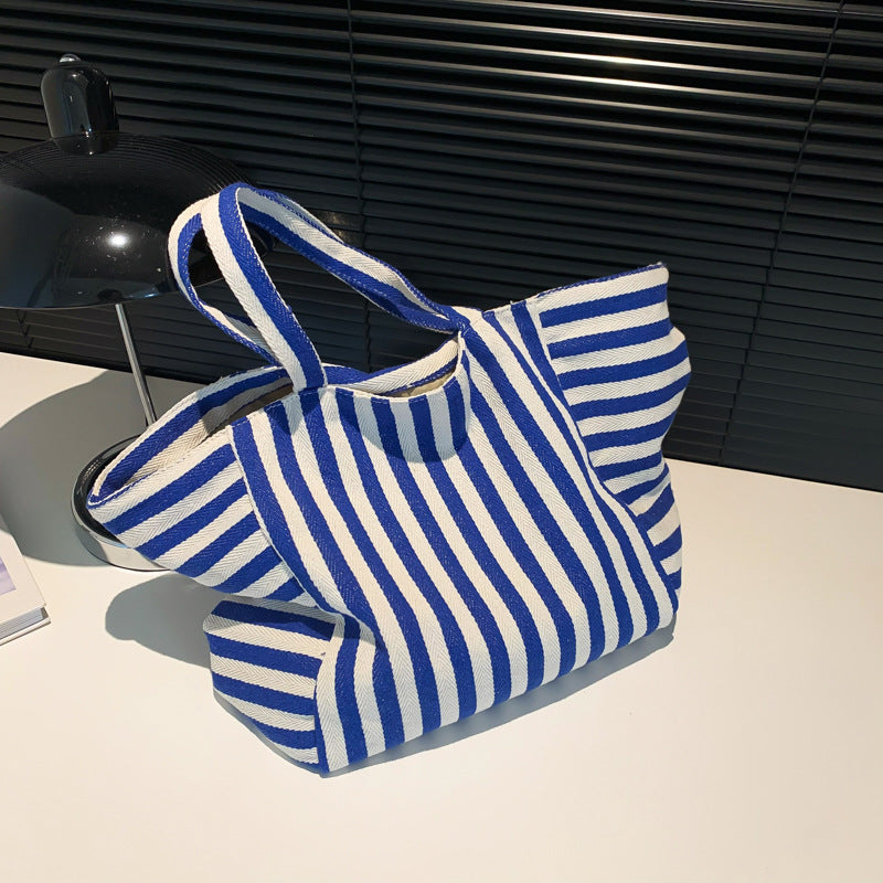 Korean Style Striped Canvas Tote Bag 2025 Summer Large Capacity Student Shopping Bag Simple Urban Design
