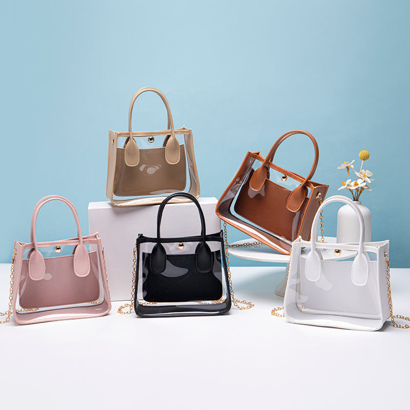 Women's Cross-Body Bag Handbag Transparent PVC Tote Bag with Leather Edge Chain Crossbody Handbag