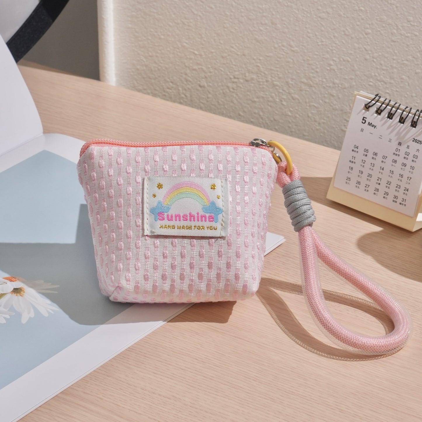 Cute Mini Wallet with Rainbow Patch and Wrist Strap, Lightweight Breathable Canvas Pouch for Daily Essentials