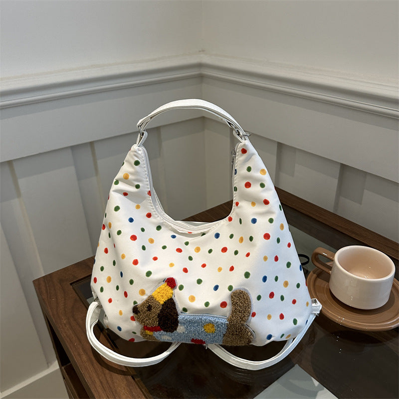 Korean Style Casual Large Capacity Shoulder Bag with Cartoon Polka Dot Print and Relaxed Tote Design for Women