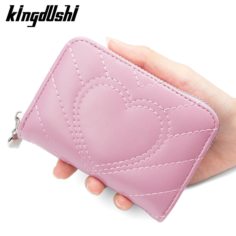 Stylish Heart Embroidery Zipper Card Holder with Multiple Slots and Large Capacity for Daily Use
