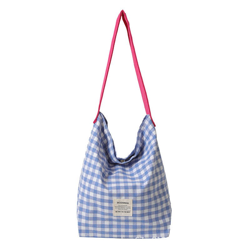 Cute Checkered Canvas Tote Bag with Colorful Handles for Daily Use and Shopping
