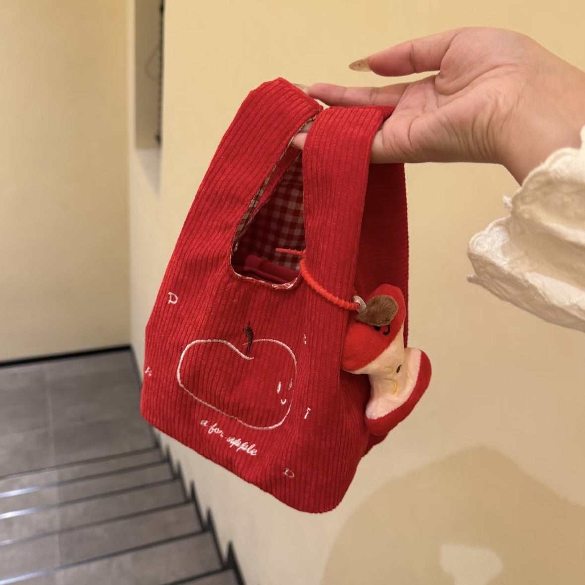 Cute Apple Pattern Corduroy Handbag with Embroidery Design, Perfect for Daily Use and Stylish Outfits