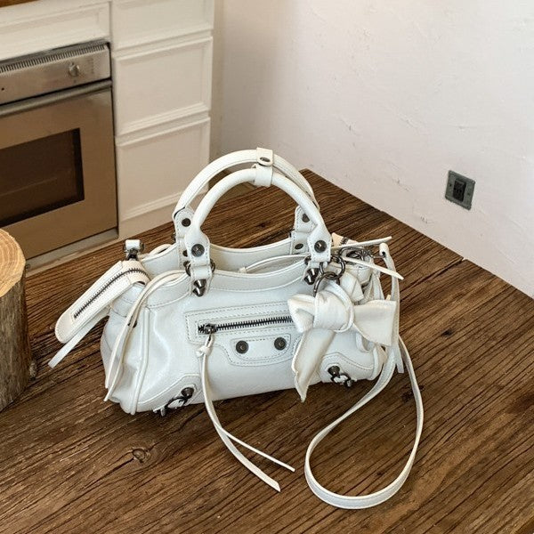 Retro Rivet Moto Bag Women's Fashion 2026 Trendy Small Crossbody Handbag with Tassel Details