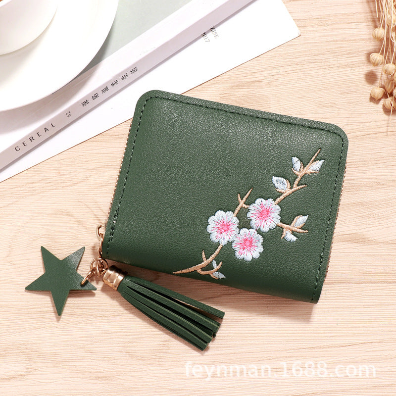 Cute Heart Embroidery PU Wallet for Women with Tassel Charm and Star Pendant, Compact Card Holder for Daily Use