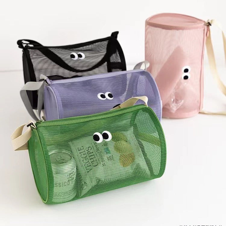 Cute Mesh Crossbody Bag for Swimming and Travel with Big Eyes Design, Large Capacity Storage for Toiletries and Cosmetics