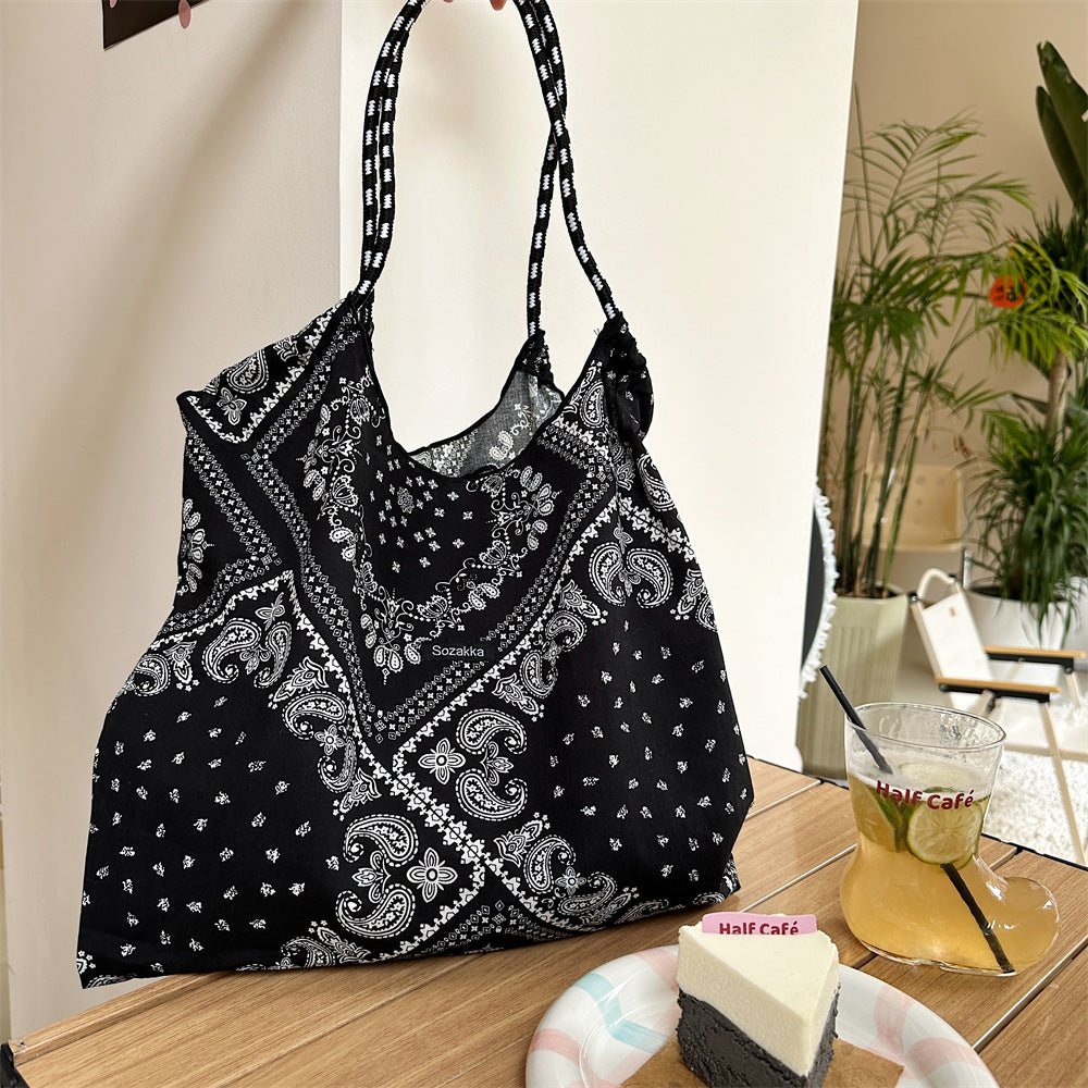 Korean Style Summer Large Capacity Hand Shoulder Bag Drawstring Shopping Bag Fresh Floral Tote Bag Underarm Bag