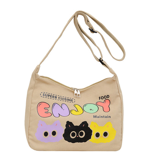 Cute Cartoon Cat Print Canvas Tote Bag with Colorful 'ENJOY' Lettering and Zipper Closure for Daily Use