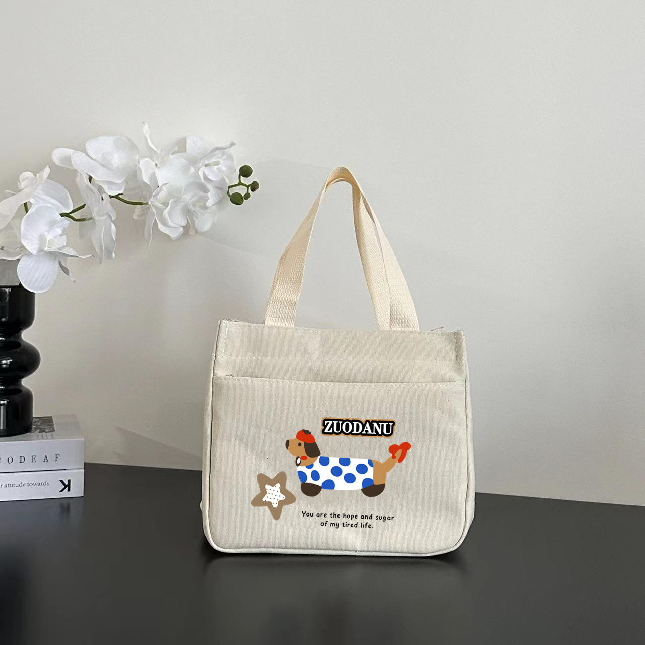 Women's Shoulder Bag Nordic Bear Canvas Tote Bag Zipper Design Cute Cartoon Pattern Daily Commuter Bento Tote Bag