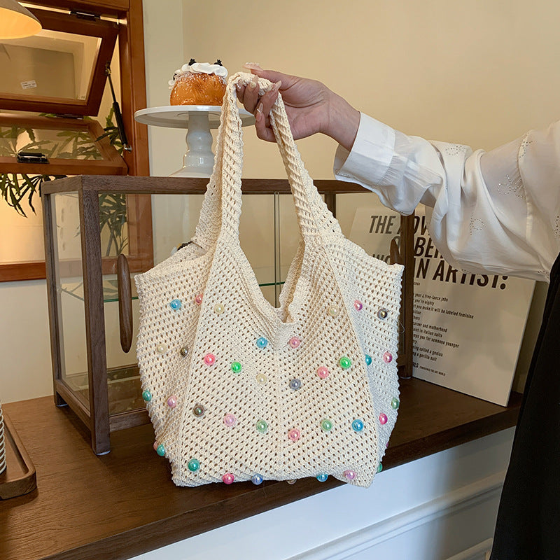 Idle Style Seaside Vacation Weaving Women's Summer New Pearl Hollowed-out Large Capacity Totes