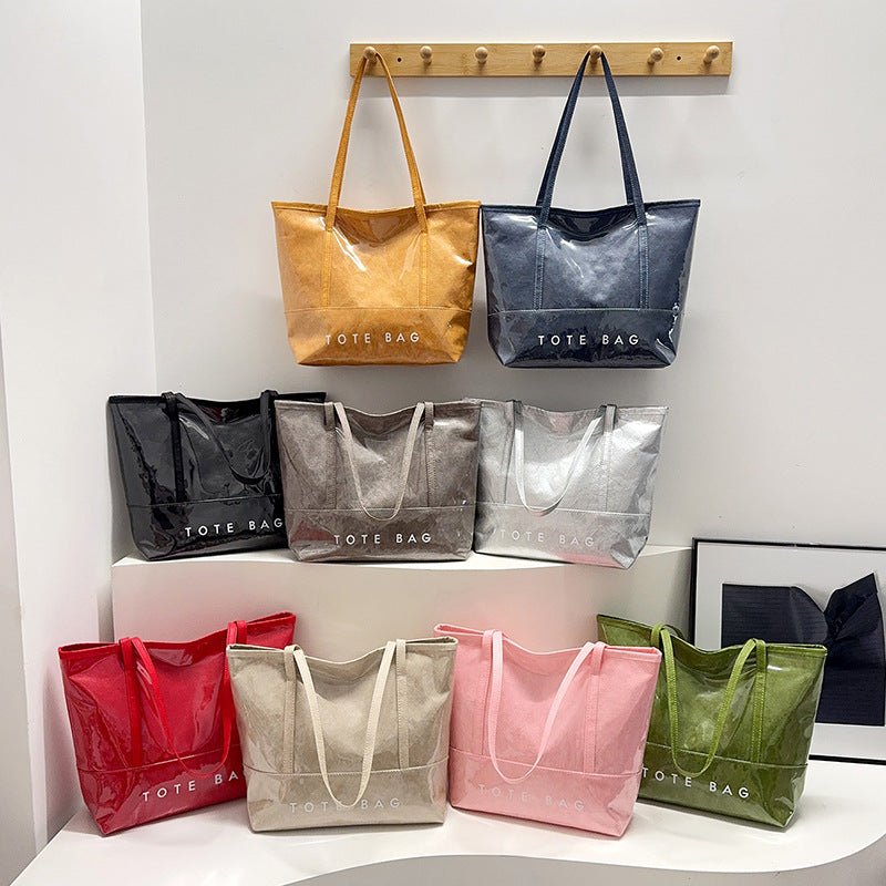 Tote Bag Commuter High-Grade Large Capacity Women's Bag PVC Tyvek All-Match Waterproof Bright Leather Shoulder Bag