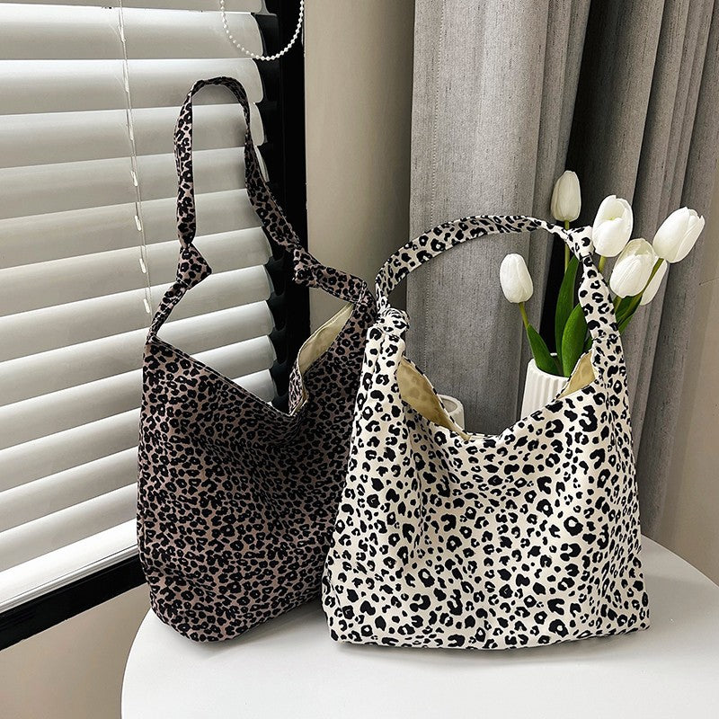 Leopard Print Canvas Tote Bag Women's Casual Shoulder Crossbody Bag Large Capacity Soft Style Fashion Trendy