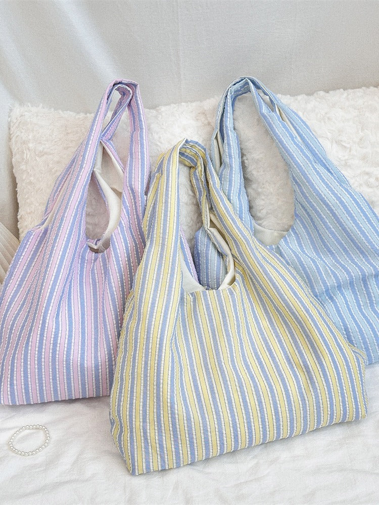 Cute Striped Canvas Tote Bag with Soft Pastel Colors and Spacious Design for Daily Use