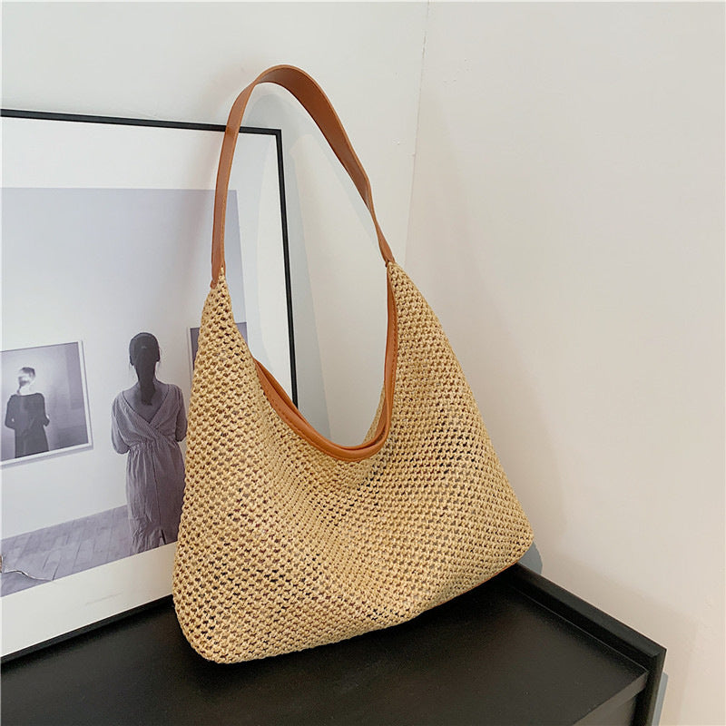 Retro Large Capacity Straw Woven Bag Women's New Vintage Weave Beach Underarm Bag Leisure Commuter Bag