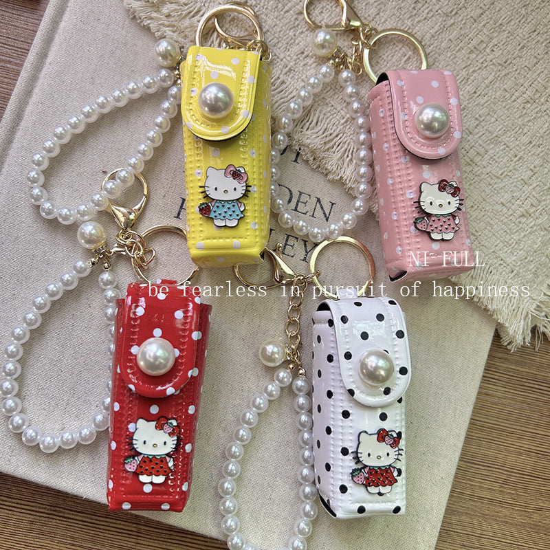 Korean Style New Retro Dots Cartoon Cat Lipstick Pack Pearl Exquisite High Sense Versatile Pendant Keychain for Women