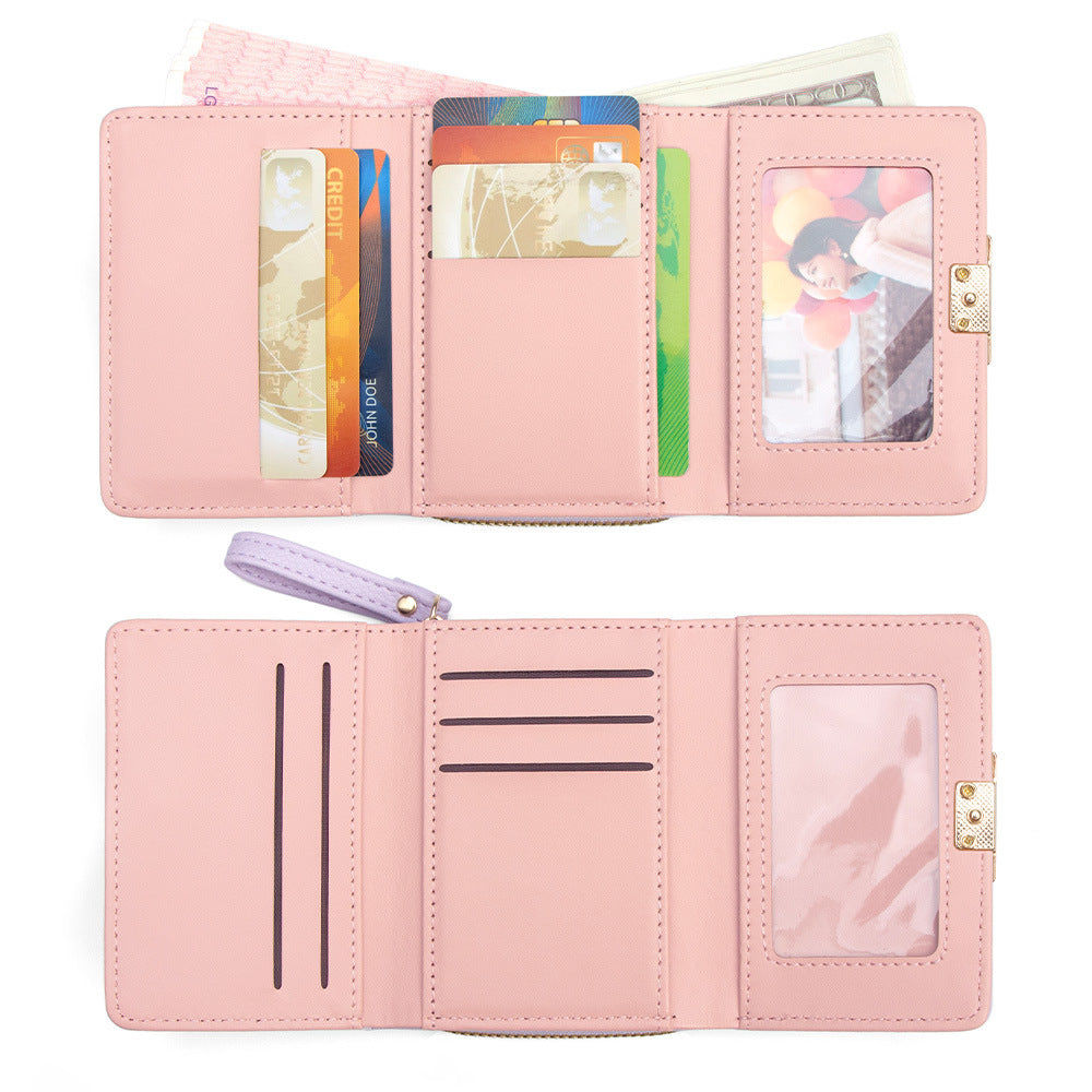 Chic Quilted PU Wallet with Embroidered Hearts and Cat Design, Compact Trifold Purse for Everyday Use