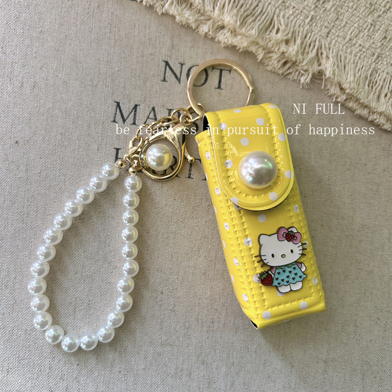 Korean Style New Retro Dots Cartoon Cat Lipstick Pack Pearl Exquisite High Sense Versatile Pendant Keychain for Women