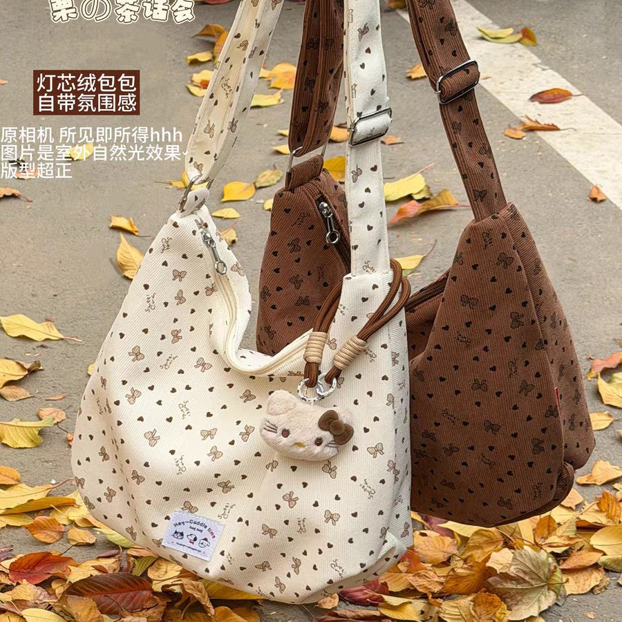 Cute Bow Print Corduroy Tote Bag with Zipper Closure and Hello Kitty Charm for Daily Commute