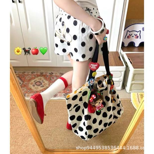 Shoulder Bag Female Korean Simple Polka Dot Idle Style Student Class Commuting Large Capacity Totes Double-Sided Canvas Bag