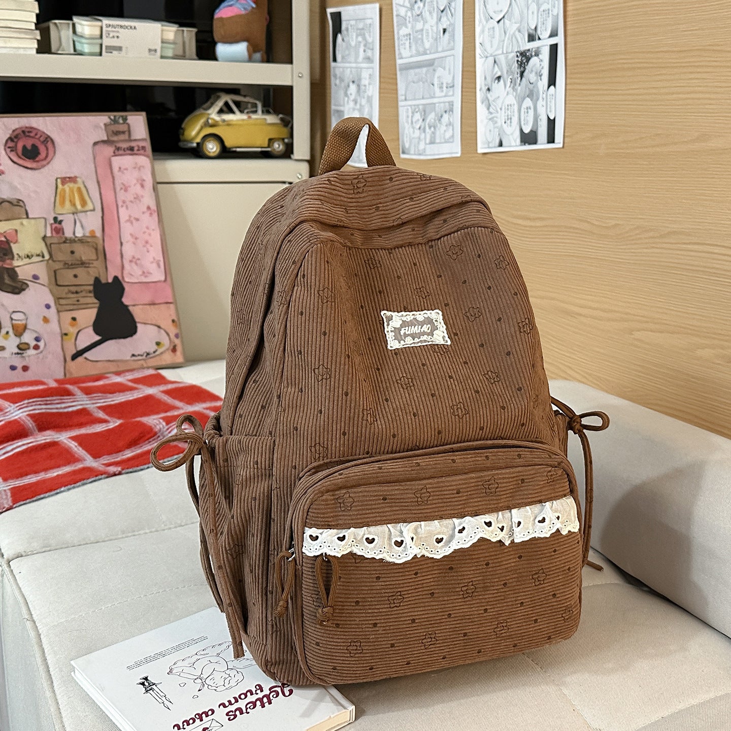 Artistic Fresh Student Backpack Soft Corduroy Material Lace Large Capacity Breathable Design
