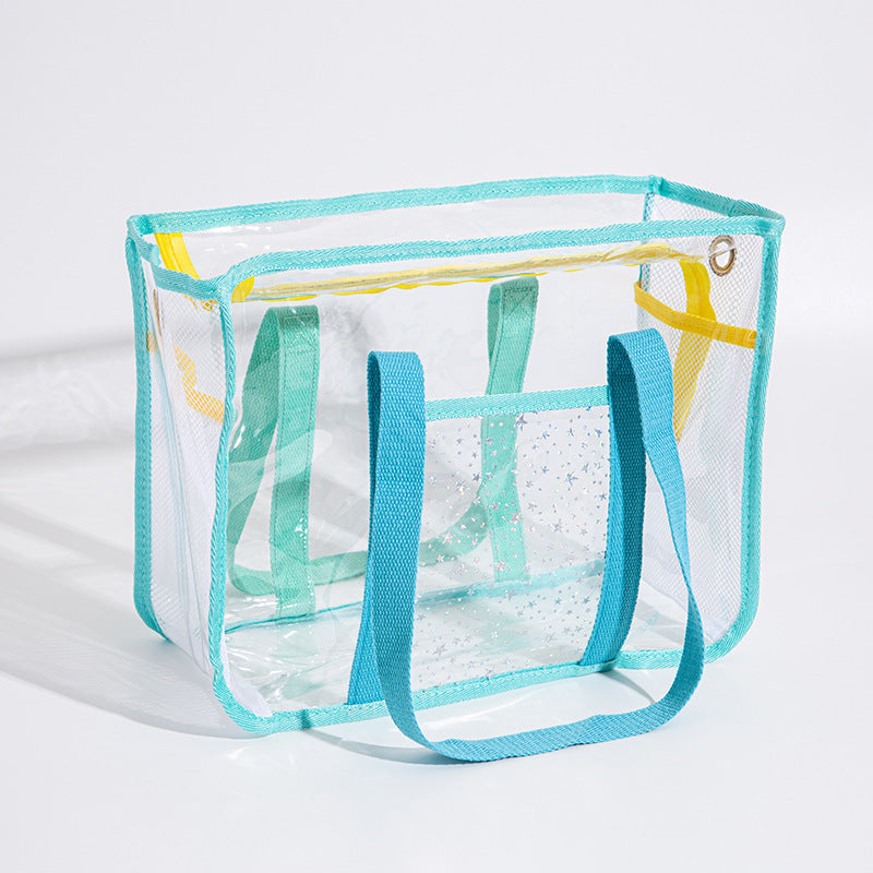 Transparent Waterproof Beach Bag with Summer Print, Large Capacity for Swimwear and Toiletries, Perfect for Pool and Travel