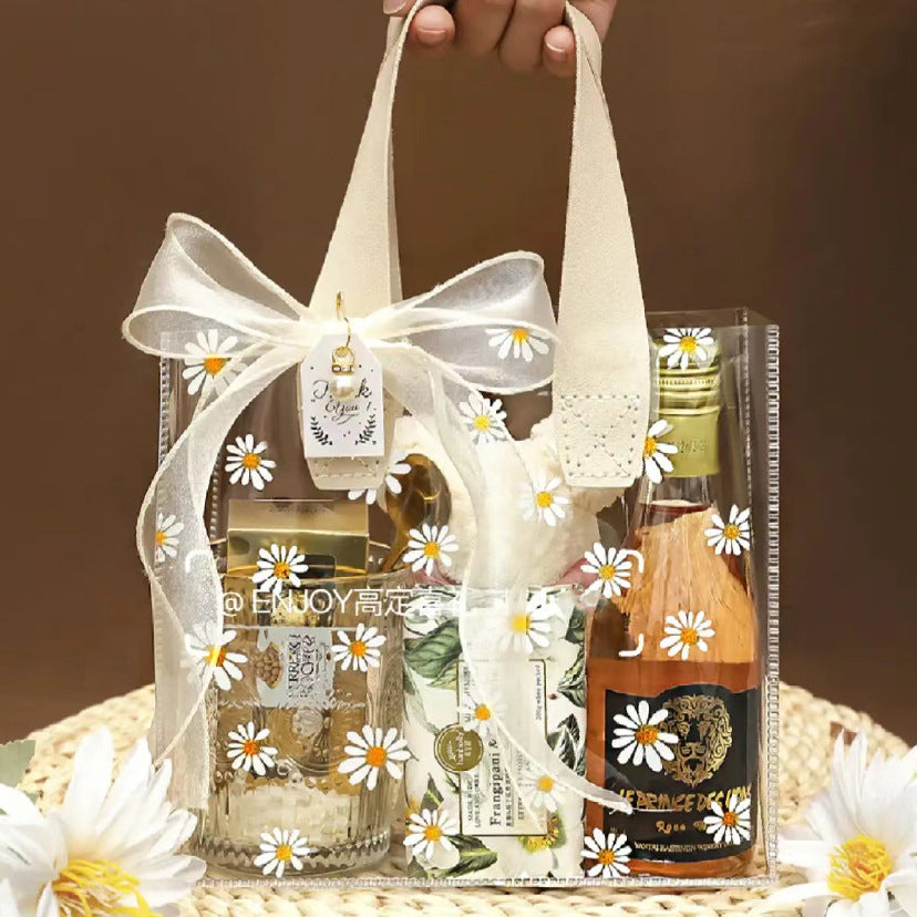 Chic Daisy Pattern Transparent PVC Gift Bag with Pink Ribbon Bow for Wedding Favors and Party Gifts