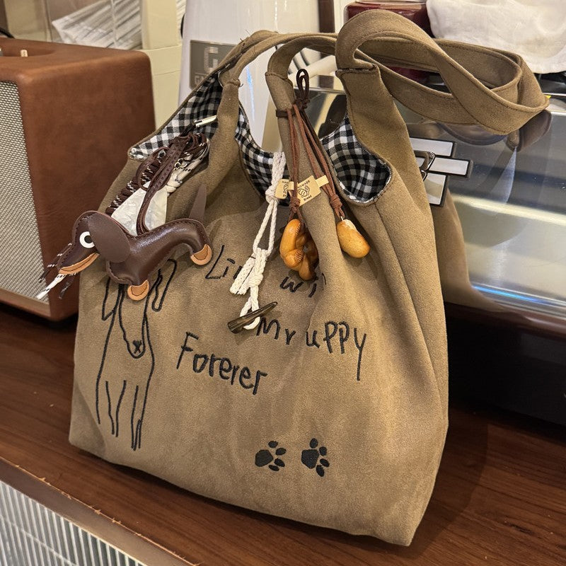 New Embroidered Puppy Deerskin Velvet Shoulder Bag Retro Large Capacity Student Commuter Tote Everyday Joker Fashion Design