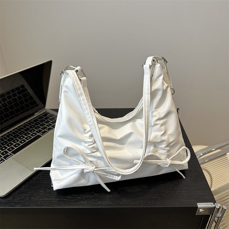 New Pleated Bow Tote Bag Women's Large Capacity Commuter Shoulder Chain Design Urban Simple Style