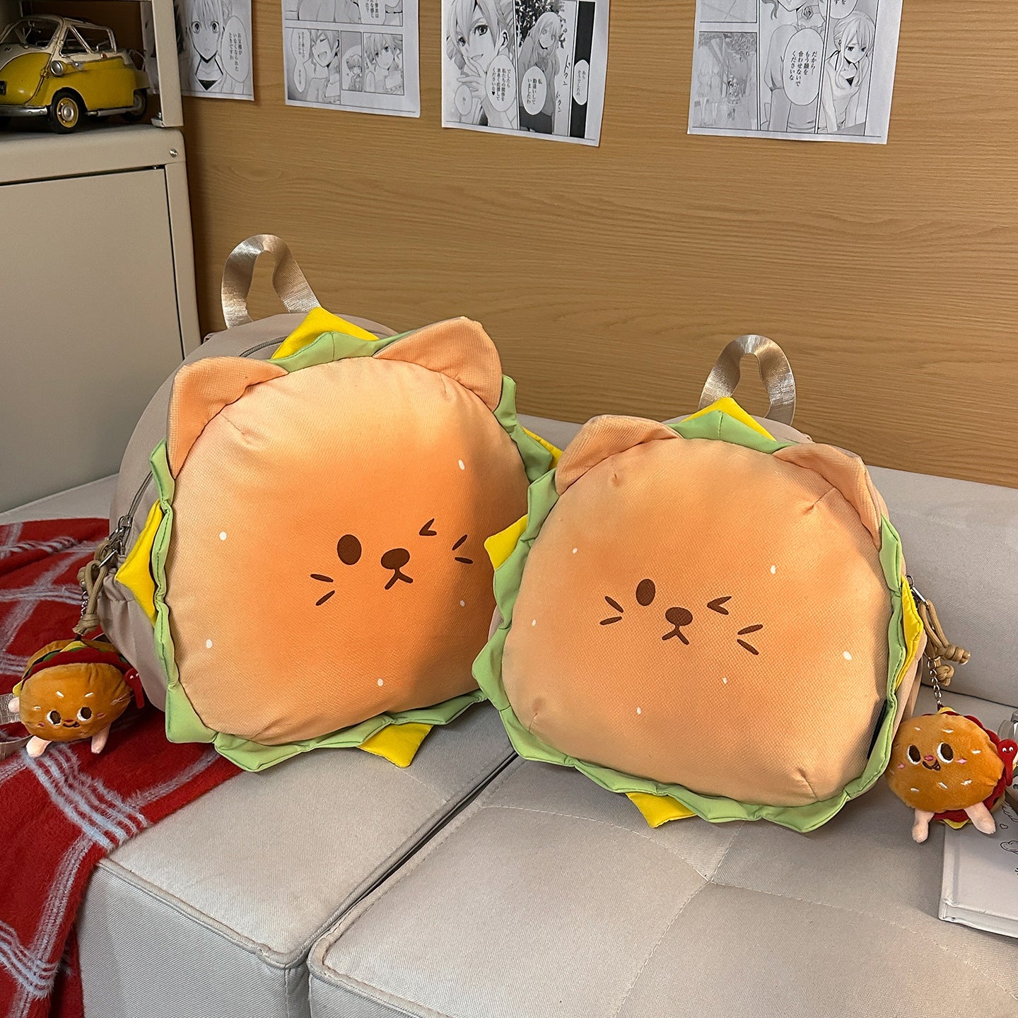 Cute Burger Cat Backpack for Kids and Teens - Stylish Dual Shoulder Bag with Soft Plush Design and Comfortable Back Support