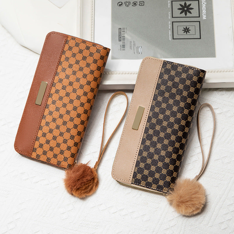 2025 Spring New Printed Long Wallet with Pom-Pom Strap Fashion Women's Clutch Bag